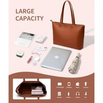 KALIDI Tote Bag Zipper Shoulder Bag Faux Leather Purses Satchel for Women Large Casual Handbag Work Dating College, Brown