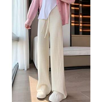Gratoryna Womens Waffle Knit Lounge Wide Leg Pants High Elastic Waist Flowy Sweater Pants with Drawstring(Beige-M)