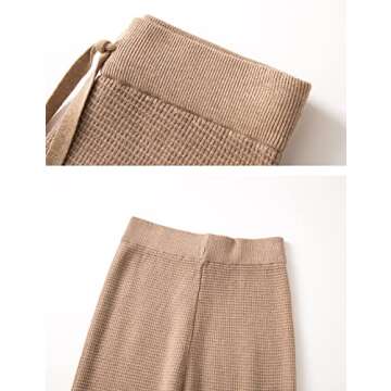 Gratoryna Womens Waffle Knit Lounge Wide Leg Pants High Elastic Waist Flowy Sweater Pants with Drawstring(Beige-M)