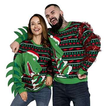 Men`s Ugly Christmas Sweater Unisex Women`s Funny Novelty Santa Pullover for Party Tree-rex Wrecker ...