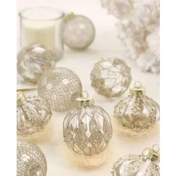 12 PCS Clear and Champagne Christmas Ball Ornaments, 80mm/3.15 Inches Rustic Farmhouse Christmas Decorations, Large Shatterproof Luxury Hand-Painted Xmas Ornaments for Christmas Tree, Wedding