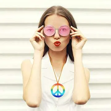 Xplanet 4 Pieces Hippie Costume Set, 60s 70s Hippie Party Accessories for Women Men, Includes Rainbow Peace Sign Necklace,Flower Crown Headband, Peace Sign Earrings and Hippie Sunglasses