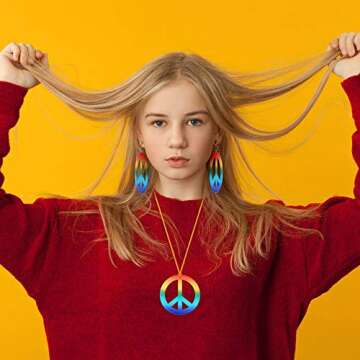 Xplanet 4 Pieces Hippie Costume Set, 60s 70s Hippie Party Accessories for Women Men, Includes Rainbow Peace Sign Necklace,Flower Crown Headband, Peace Sign Earrings and Hippie Sunglasses