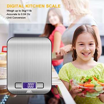 Toplus Digital Kitchen Scale Food Scale, Multifunction Stainless Steel Easy to Clean 11 lb 5 kg, Silver(Batteries Included)