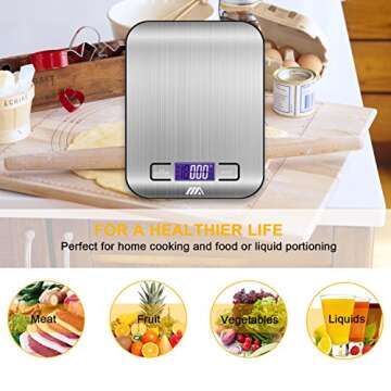 Toplus Digital Kitchen Scale Food Scale, Multifunction Stainless Steel Easy to Clean 11 lb 5 kg, Silver(Batteries Included)