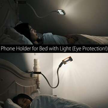 Avantree Phone Clip Bed Holder & LED Light 2-in-1 for iPhone 11 Pro XS Max, Samsung S10 S9 & Other 4"- 6.5" Devices, Gooseneck Flexible Long Arm Clip on Lamp, Desk Lazy Bracket Mount Stand