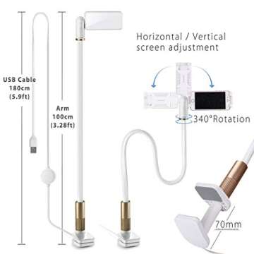 Avantree Phone Clip Bed Holder & LED Light 2-in-1 for iPhone 11 Pro XS Max, Samsung S10 S9 & Other 4"- 6.5" Devices, Gooseneck Flexible Long Arm Clip on Lamp, Desk Lazy Bracket Mount Stand