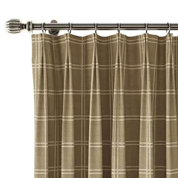 TWOPAGES Stefana Silber x 100 Inches Wide Pinch Pleat Curtain, Buffalo Plaid Taupe Khaki, Linen Curt...
