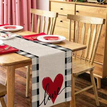 ARKENY Valentines Table Runner 72x13 Inches, Love Heart Holiday Farmhouse Burlap Buffalo Plaid Indoo...