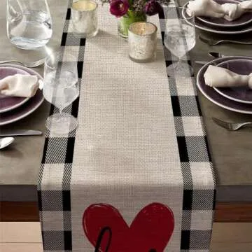 ARKENY Valentines Table Runner 72x13 Inches, Love Heart Holiday Farmhouse Burlap Buffalo Plaid Indoor Anniversary Wedding Table Decorations for Home Party