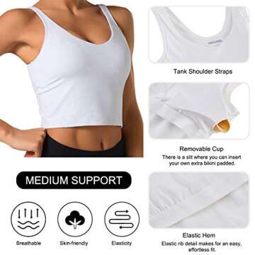 ALISISTER Women's Longline Sports Bra Padded Workout Crop Tank Tops Comfy Seamless Cami Bralette Yoga Gym Activewear Running Wirefree Camisole Bra Shirt Solid White