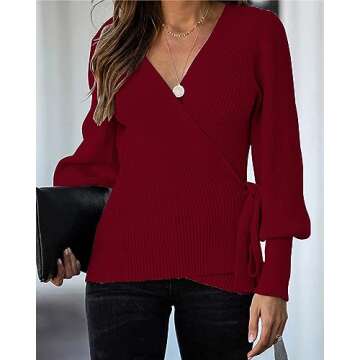 KIRUNDO Women's 2024 Fall Winter Wrap V Neck Sweater Balloon Sleeves Ribbed Knitted Pullover Tie Front Tunic Top Jumper(X-Large, Dark Red)
