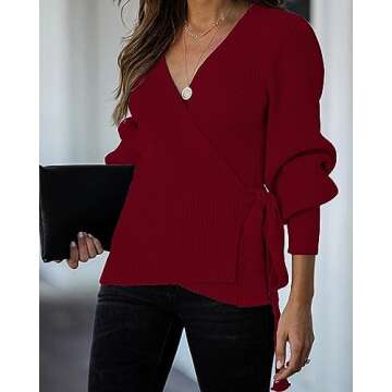 KIRUNDO Women's 2024 Fall Winter Wrap V Neck Sweater Balloon Sleeves Ribbed Knitted Pullover Tie Front Tunic Top Jumper(X-Large, Dark Red)