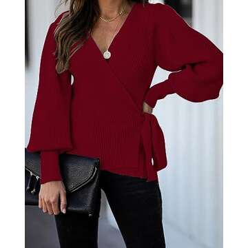 KIRUNDO Women's 2024 Fall Winter Wrap V Neck Sweater Balloon Sleeves Ribbed Knitted Pullover Tie Front Tunic Top Jumper(X-Large, Dark Red)
