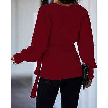 KIRUNDO Women's 2024 Fall Winter Wrap V Neck Sweater Balloon Sleeves Ribbed Knitted Pullover Tie Front Tunic Top Jumper(X-Large, Dark Red)
