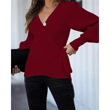 KIRUNDO Women's 2024 Fall Winter Wrap V Neck Sweater Balloon Sleeves Ribbed Knitted Pullover Tie Front Tunic Top Jumper(X-Large, Dark Red)