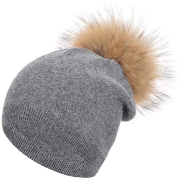 EASTER BARTHE Women Cashmere Hat Charcoal Slouchy Beanie for Winter Fur Pom Pom Knit Hat for Women C...