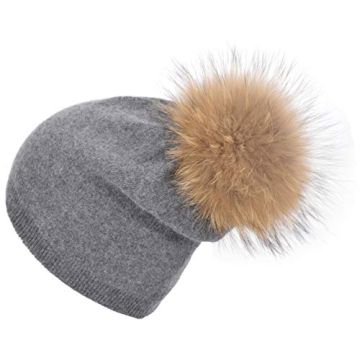 EASTER BARTHE Women Cashmere Hat Charcoal Slouchy Beanie for Winter Fur Pom Pom Knit Hat for Women Cashmere Beanie Darkgrey Knit Pom Hat Charcoal Pom Pom Knit Beanie Hat (Charcoal)