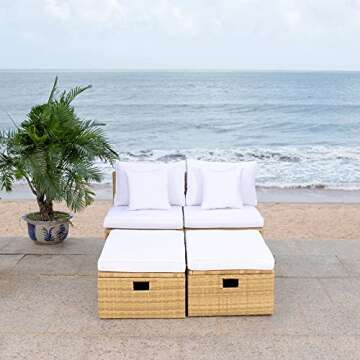 Chic SAFAVIEH Outdoor Settee with Storage Ottoman Set