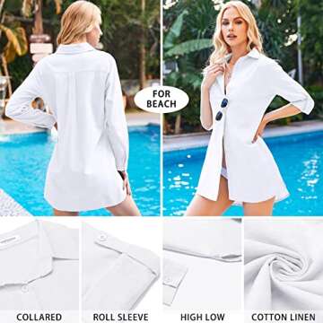 HOTOUCH Oversized Button Down Shirt Women White Shirt Dress Loose Linen Shirts Collared Tunics White XXL