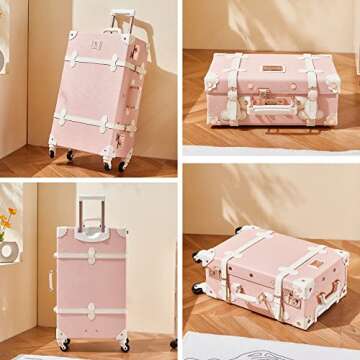 Unitravel 3 Piece Vintage Suitcase Set, Handcrafted Retro Luggage with TSA Lock and Carry On Cosmetic Train Case, Faux Leather Trunk Suitcase with Spinner Wheels for Women, Embossed Pink, 26"+20"+12"