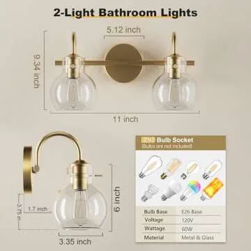 2-Light Gold Bathroom Light Fixture, Modern Bathroom Vanity Light Over Mirror Two Light Brushed Gold Vanity Lights for Bathroom Wall Sconce Lighting, E26 Base,Gold