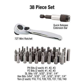 Sunex 9726 Mini Ratchet and Bit Set, 1/8-Inch - 1/4-Inch S2 Bits, 5/64-Inch - 1/4-Inch hex bits, 38-...
