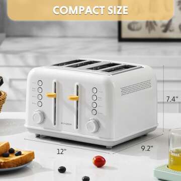 BUYDEEM DT640 4-Slice Toaster, Extra Wide Slots, Stainless Steel with High Lift Lever, Bagel and Muffin Function, Removal Crumb Tray, 7-Shade Settings, Arctic White