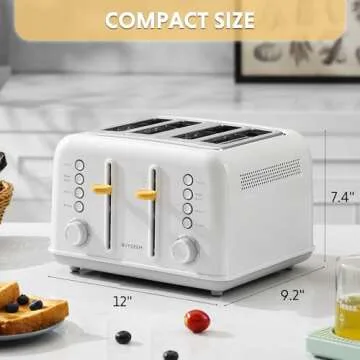 BUYDEEM DT640 4-Slice Toaster, Extra Wide Slots, Stainless Steel with High Lift Lever, Bagel and Muffin Function, Removal Crumb Tray, 7-Shade Settings, Arctic White
