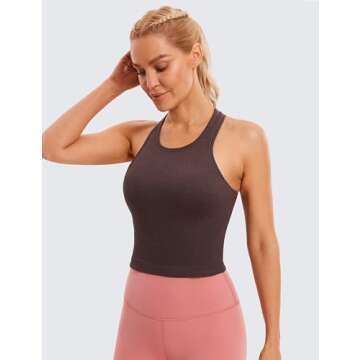 CRZ YOGA Womens Seamless Ribbed Longline High Neck Sports Bra - Racerback Padded Slim Fit Crop Tank ...