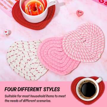 Whaline Valentine's Day Heart Coasters Handmade Braided Heart Cotton Coasters Pink Red Cup Mat with Golden Holder Anti Slip Absorbent Drinks Mat for Home Restaurant Housewarming, 4Pcs