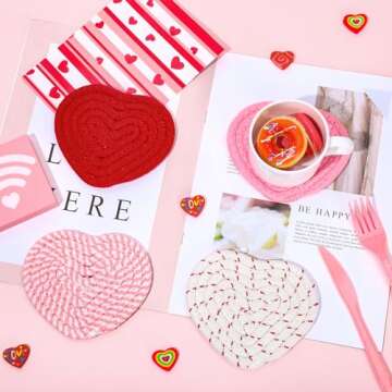 Whaline Valentine's Day Heart Coasters Handmade Braided Heart Cotton Coasters Pink Red Cup Mat with Golden Holder Anti Slip Absorbent Drinks Mat for Home Restaurant Housewarming, 4Pcs