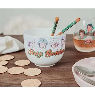 The Golden Girls "Stay Golden" Japanese Ceramic Dinnerware Set | Includes 20-Ounce Ramen Noodle Bowl and Wooden Chopsticks | Asian Food Dish Set For Home & Kitchen | 80s TV Show Gifts and Collectibles