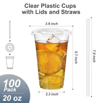 Dealusy 100 Pack - 20 oz Clear Plastic Cups with Lids and Straws, Sturdy & Food Safe Iced Coffee Cup...