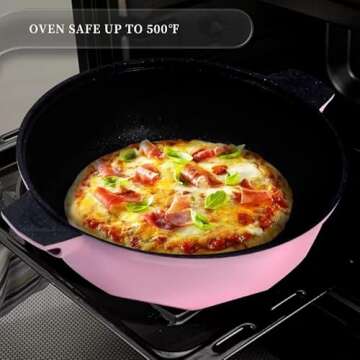 TIBORANG 8 in 1 Multipurpose 11 Inch 5 Quart Heat Indicator Nonstick Deep Frying Pan with Glass Lid, Stay-cool Handle, Steamed Grid, PFOA-Free,Dishwasher and Oven Safe,Works with All Stovetops (Pink)