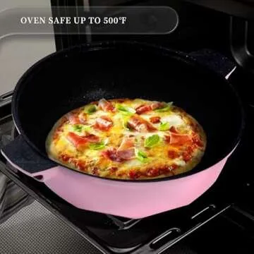 TIBORANG 8 in 1 Multipurpose 11 Inch 5 Quart Heat Indicator Nonstick Deep Frying Pan with Glass Lid, Stay-cool Handle, Steamed Grid, PFOA-Free,Dishwasher and Oven Safe,Works with All Stovetops (Pink)