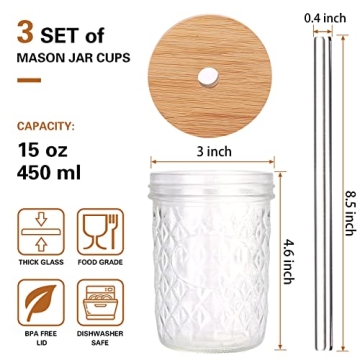 3 Pack Stylish Mason Jar Cups with Bamboo Lid and Straws