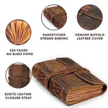 LEATHER VILLAGE Leather Bound Journal - Rustic Brown, 7"X5", 220 Pages - Vintage Blank Paper Diary for Writing, Drawing, Sketchbook, and Travel Notebook - Ideal for Women and Men