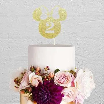 Happy 2nd Birthday Cake Topper, Mouse Inspired Themed Second Birthday Party Decorations, Cartoon Theme Two Cake Decor for Girls 2nd Birthday, Gold Glitter