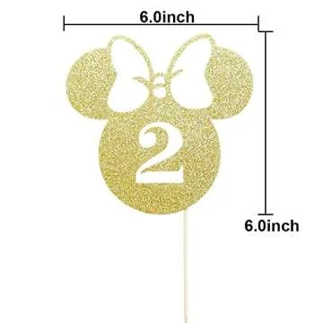 Happy 2nd Birthday Cake Topper, Mouse Inspired Themed Second Birthday Party Decorations, Cartoon Theme Two Cake Decor for Girls 2nd Birthday, Gold Glitter