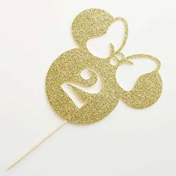 Happy 2nd Birthday Cake Topper, Mouse Inspired Themed Second Birthday Party Decorations, Cartoon Theme Two Cake Decor for Girls 2nd Birthday, Gold Glitter