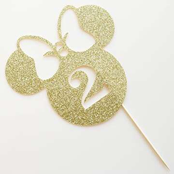 Happy 2nd Birthday Cake Topper, Mouse Inspired Themed Second Birthday Party Decorations, Cartoon Theme Two Cake Decor for Girls 2nd Birthday, Gold Glitter