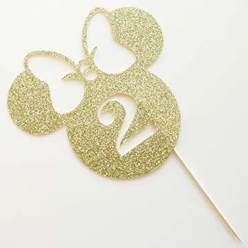 Happy 2nd Birthday Cake Topper, Mouse Inspired Themed Second Birthday Party Decorations, Cartoon Theme Two Cake Decor for Girls 2nd Birthday, Gold Glitter