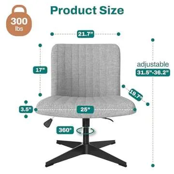 NYPOT Criss Cross Chair - Wide Armless Desk Chair No Wheels, Cross Legged Office Chair, Adjustable Modern 360 Swivel Vanity, Fabric Padded,120° Rocking Ergonomic Mid Back Computer Task Chair - Grey