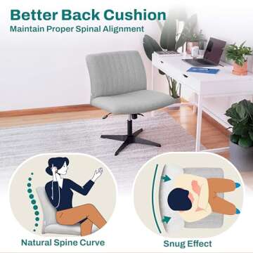 NYPOT Criss Cross Chair - Wide Armless Desk Chair No Wheels, Cross Legged Office Chair, Adjustable Modern 360 Swivel Vanity, Fabric Padded,120° Rocking Ergonomic Mid Back Computer Task Chair - Grey