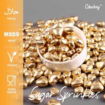 Cobakey Gold Sprinkles for Cake Decorations - Heart-Shaped Metallic Pearl Sugar Sprinkles, 100g