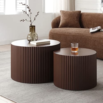 kevinplus Round Nesting Coffee Table Set of 2 Modern Drum Side Table End Table for Living Room, Wood...