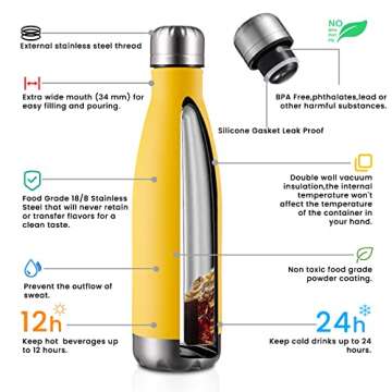 MEWAY 17oz Sport Water Bottle 12 Pack Vacuum Insulated Stainless Steel Sport Water Bottle Leak-Proof Double Wall Cola Shape Water Bottle,Keep Drinks Hot & Cold (Yellow,12 Pack)