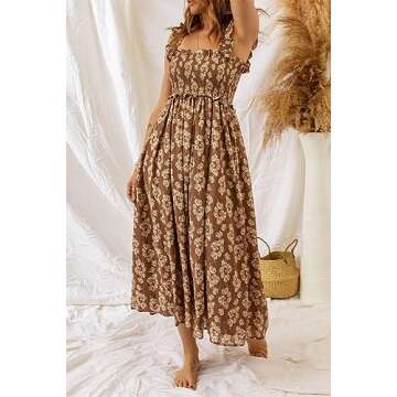 Ecosunny Women's Summer Casual Loose Dress Brown Ruffled Straps Smocked Floral Maxi Dress Brown S