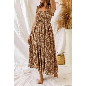 Ecosunny Women's Summer Casual Loose Dress Brown Ruffled Straps Smocked Floral Maxi Dress Brown S